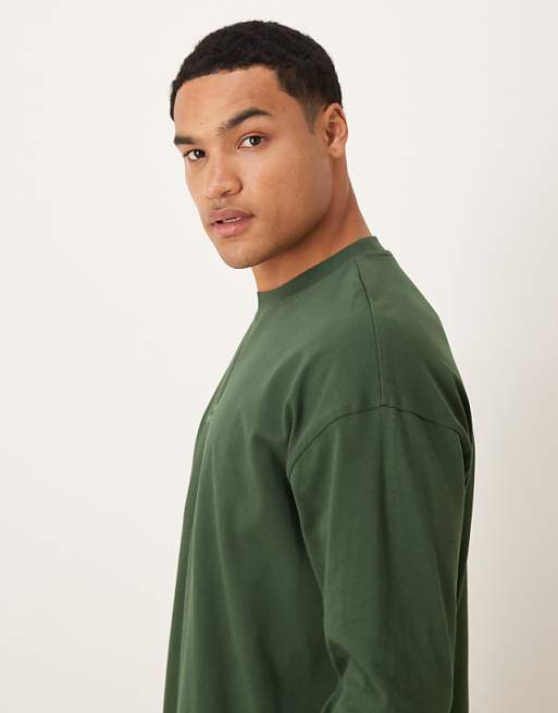 ASOS DESIGN Oversized Long Sleeve T-shirt With Tonal Text Print In Dark Green