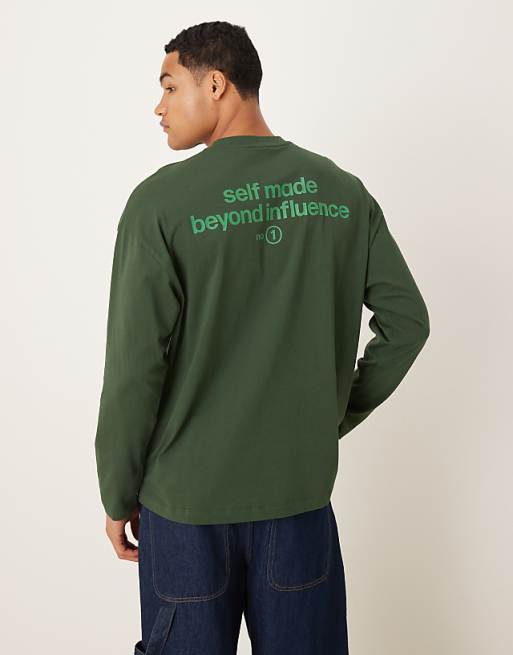 ASOS DESIGN oversized long sleeve t-shirt with tonal text print in dark green