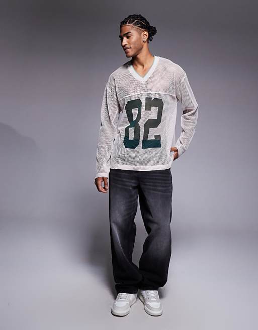 ASOS DESIGN Oversized Long Sleeve T-shirt With V Neck And Sports Graphic In Beige Open Mesh
