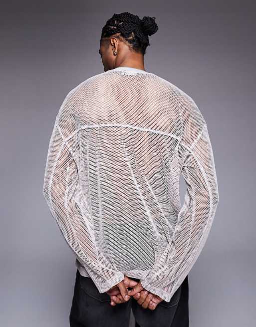 ASOS DESIGN Oversized Long Sleeve T-shirt With V Neck And Sports Graphic In Beige Open Mesh