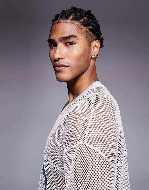 ASOS DESIGN Oversized Long Sleeve T-shirt With V Neck And Sports Graphic In Beige Open Mesh