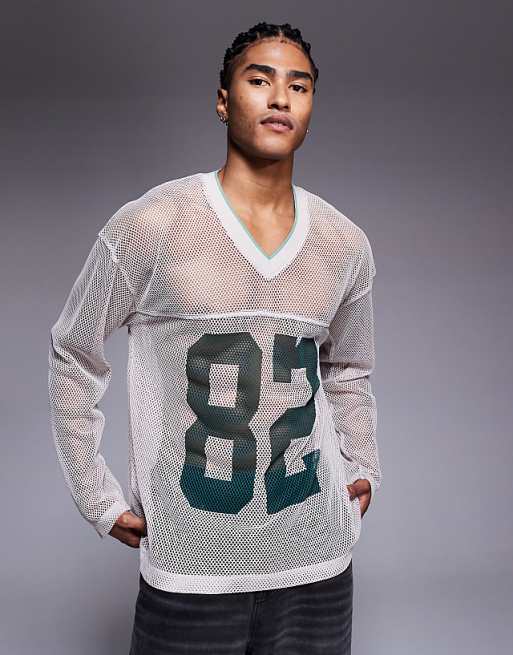 ASOS DESIGN oversized long sleeve t-shirt with v neck and sports graphic in beige open mesh