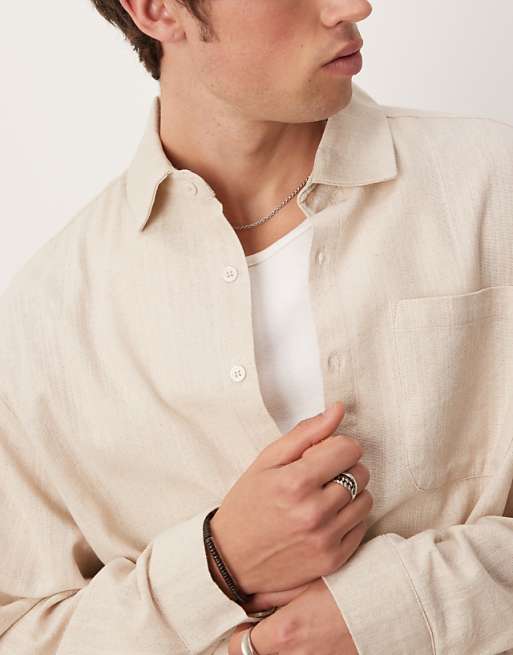 ASOS DESIGN Oversized Long Sleeved Linen Look Shirt In Sand