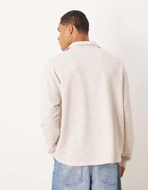 ASOS DESIGN Oversized Long Sleeved Loopback Polo In Stone