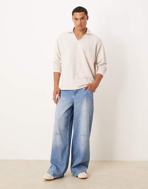 ASOS DESIGN Oversized Long Sleeved Loopback Polo In Stone