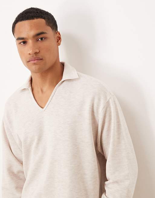 ASOS DESIGN Oversized Long Sleeved Loopback Polo In Stone