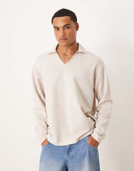 ASOS DESIGN oversized long sleeved loopback polo in stone
