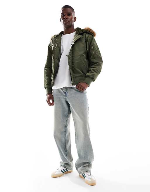ASOS DESIGN Oversized MA1 Bomber Jacket With Faux Fur Hood In Khaki