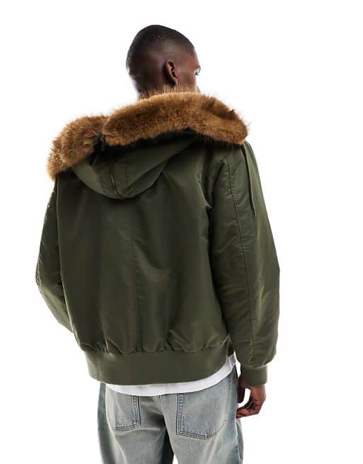ASOS DESIGN Oversized MA1 Bomber Jacket With Faux Fur Hood In Khaki