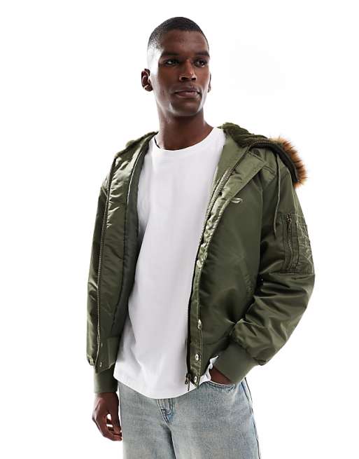 ASOS DESIGN Oversized MA1 Bomber Jacket With Faux Fur Hood In Khaki
