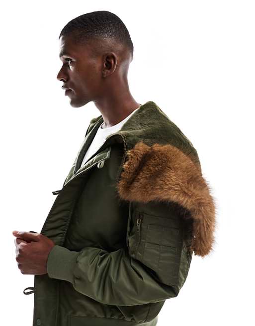 ASOS DESIGN oversized MA1 bomber jacket with faux fur hood in khaki