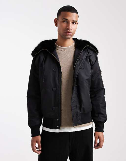 ASOS DESIGN oversized MA1 bomber jacket with faux fur hood in black