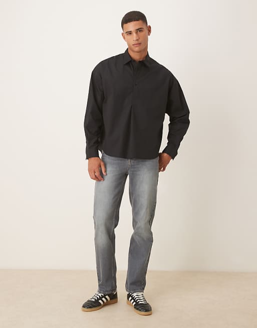 ASOS DESIGN Oversized Overhead Poplin Shirt With Scoop Hem In Black