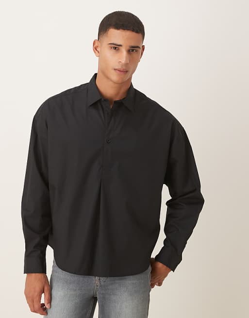 ASOS DESIGN oversized overhead poplin shirt with scoop hem in black