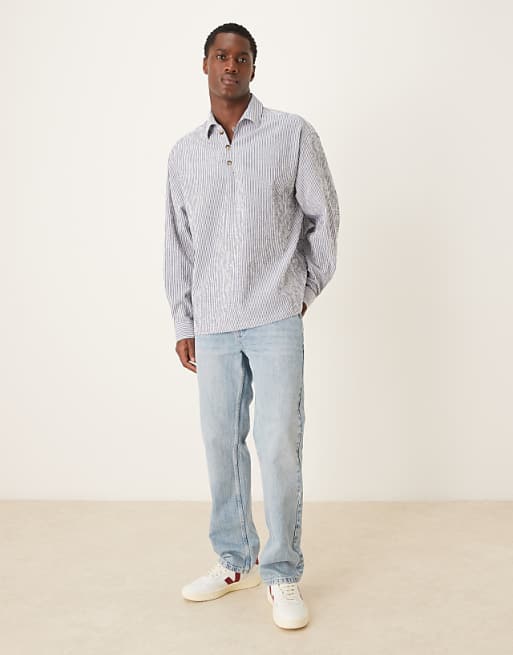 ASOS DESIGN Oversized Overhead Seersucker Stripe Shirt In Blue