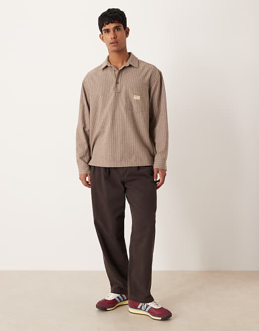 ASOS DESIGN Oversized Overhead Stripe Shirt With Badge Detail In Brown