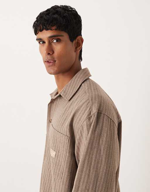 ASOS DESIGN Oversized Overhead Stripe Shirt With Badge Detail In Brown