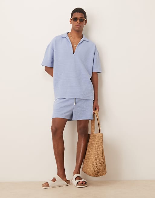 ASOS DESIGN Oversized Polo Co-ord In Light Blue Texture