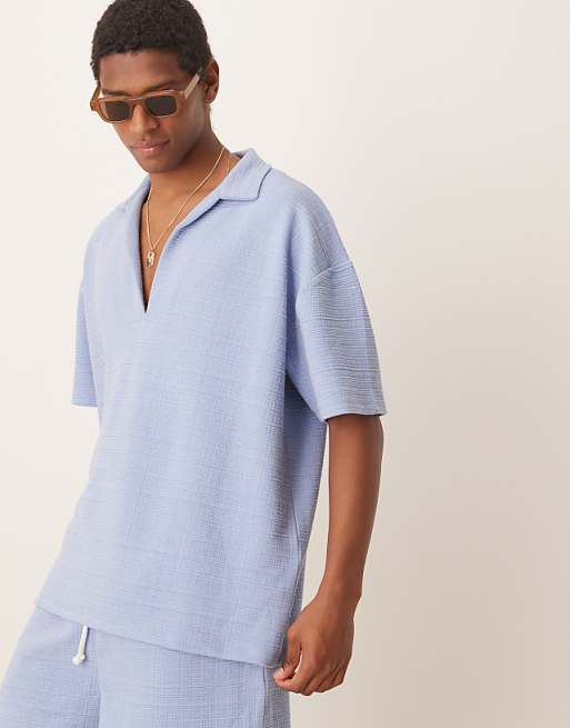 ASOS DESIGN oversized polo co-ord in light blue texture
