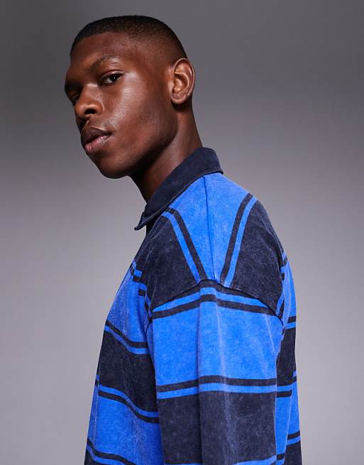 ASOS DESIGN Oversized Polo In Washed Blue Stripe