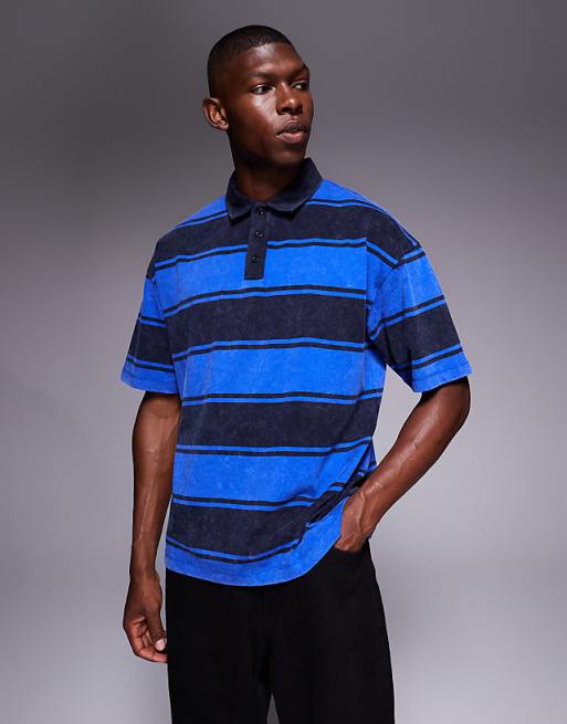 ASOS DESIGN oversized polo in washed blue stripe