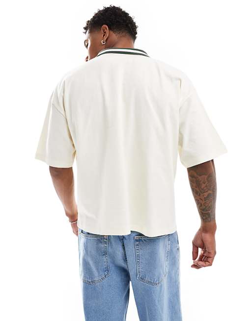ASOS DESIGN Oversized Polo Shirt In Off White With Paraiso Front Print
