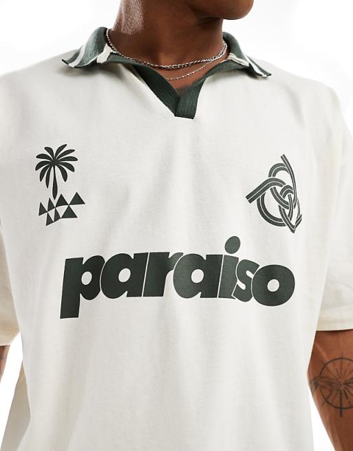 ASOS DESIGN Oversized Polo Shirt In Off White With Paraiso Front Print