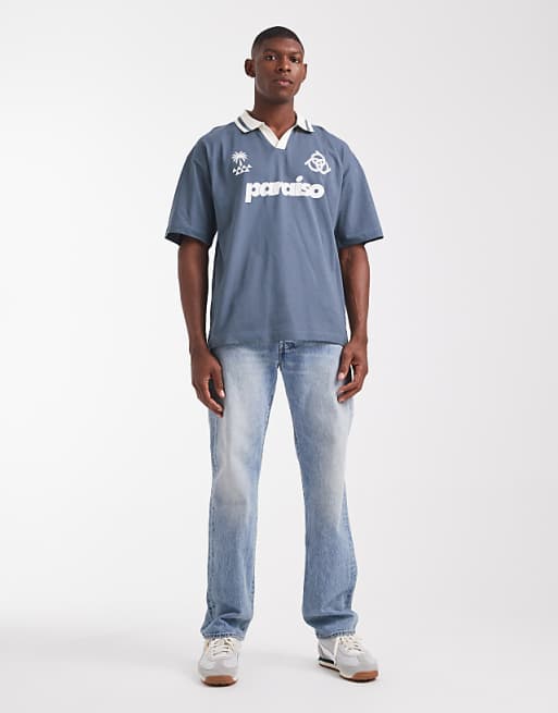 ASOS DESIGN Oversized Polo Shirt In With Paraiso Graphic In Grey