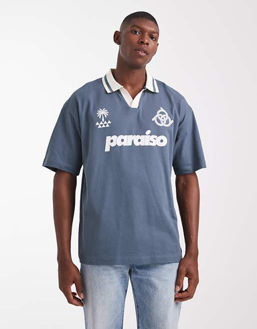 ASOS DESIGN oversized polo shirt in with paraiso graphic in grey