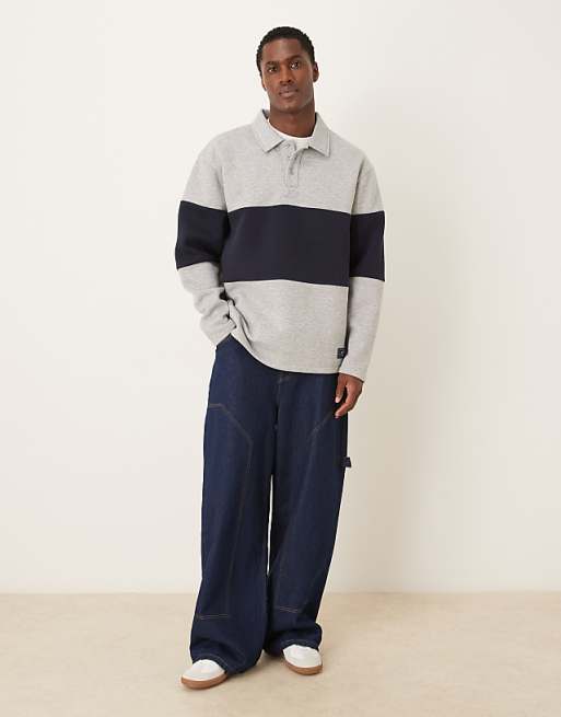 ASOS DESIGN Oversized Polo Sweatshirt With Colour Blocking And Woven Label In Grey Marl