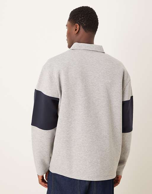 ASOS DESIGN Oversized Polo Sweatshirt With Colour Blocking And Woven Label In Grey Marl