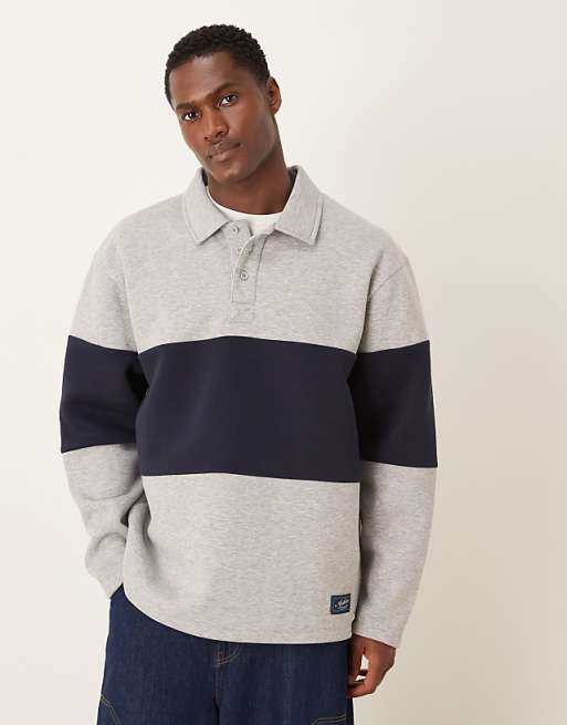 ASOS DESIGN oversized polo sweatshirt with colour blocking and woven label in grey marl