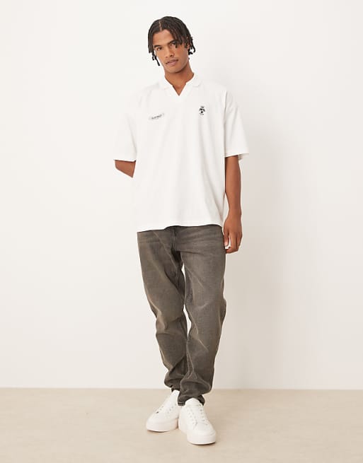 ASOS DESIGN Oversized Polo With Back And Front Crest Print In Cream