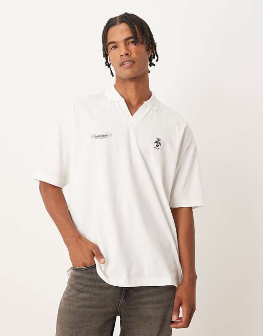 ASOS DESIGN Oversized Polo With Back And Front Crest Print In Cream