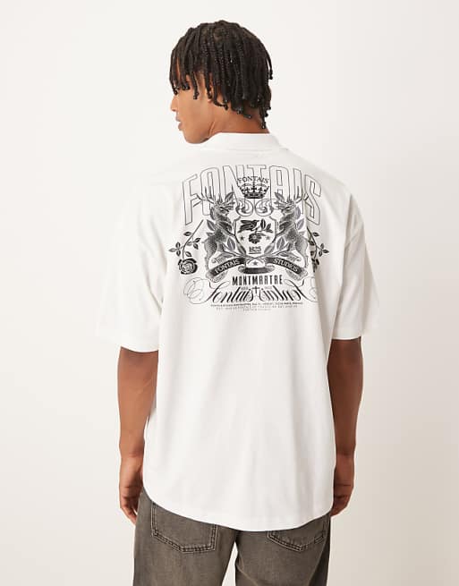 ASOS DESIGN oversized polo with back and front crest print in cream