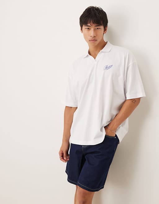 ASOS DESIGN oversized polo with back print in white