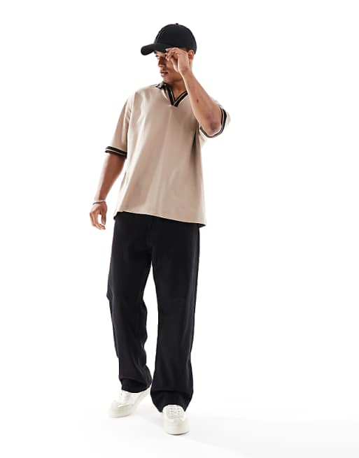 ASOS DESIGN Oversized Polo With Contrast Collar And Hem Detail In Stone Pique
