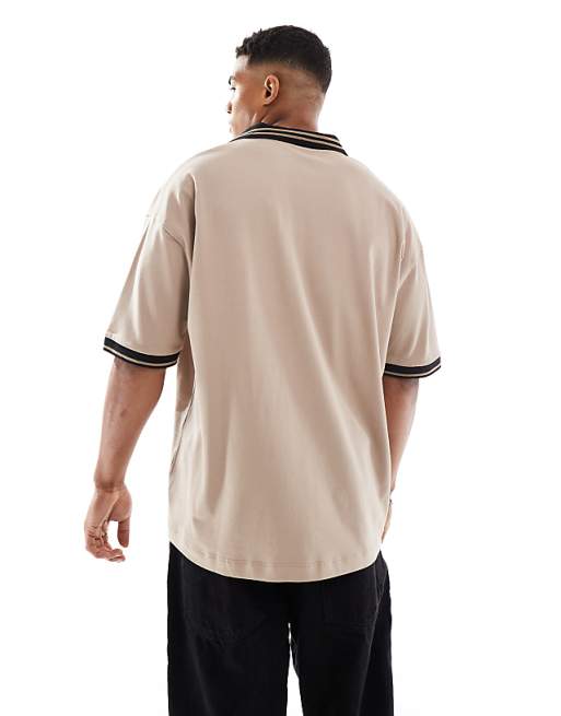 ASOS DESIGN Oversized Polo With Contrast Collar And Hem Detail In Stone Pique
