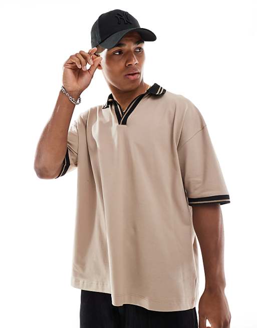 ASOS DESIGN Oversized Polo With Contrast Collar And Hem Detail In Stone Pique