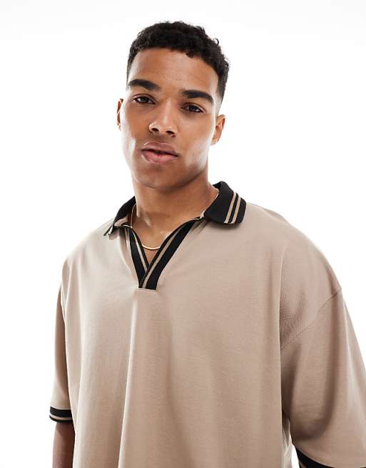 ASOS DESIGN oversized polo with contrast collar and hem detail in stone pique