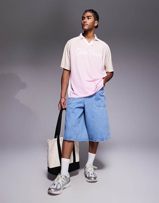 ASOS DESIGN Oversized Polo With High Build Text Graphic In Ombre Sports Fabric With Side Panels