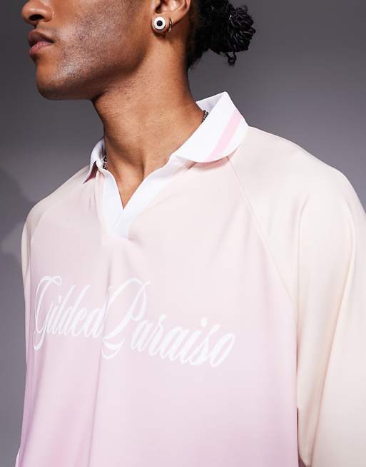 ASOS DESIGN Oversized Polo With High Build Text Graphic In Ombre Sports Fabric With Side Panels