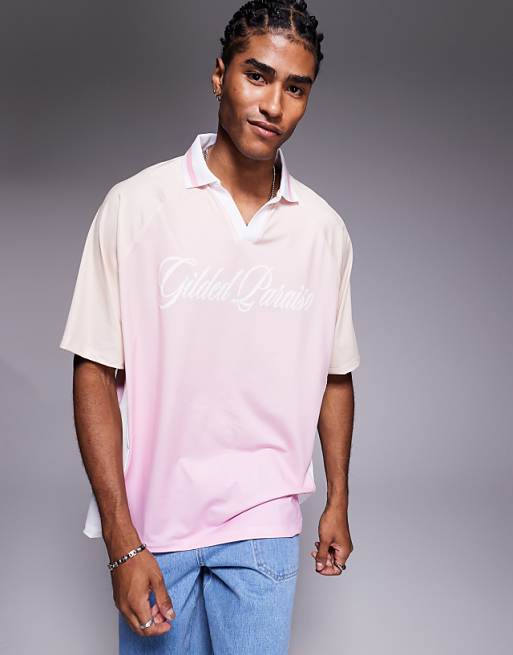 ASOS DESIGN oversized polo with high build text graphic in ombre sports fabric with side panels