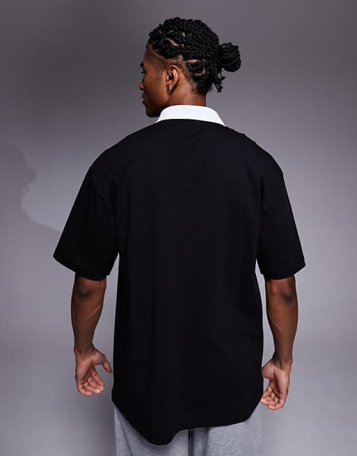 ASOS DESIGN Oversized Polo With Piping Detail And Sports Graphic In Black
