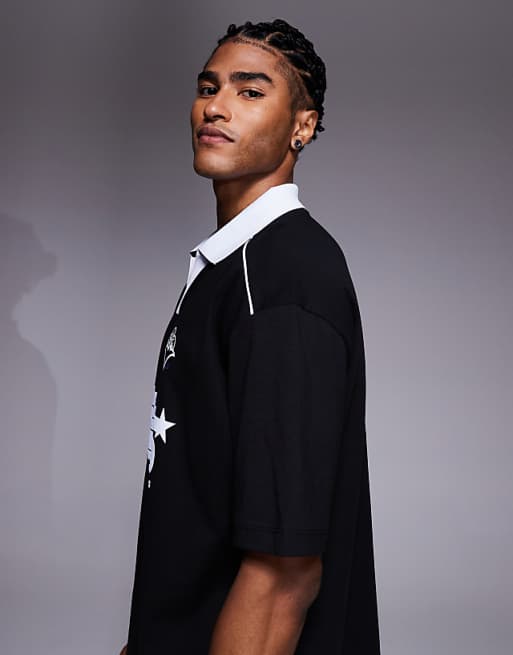 ASOS DESIGN Oversized Polo With Piping Detail And Sports Graphic In Black
