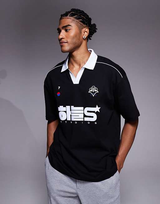 ASOS DESIGN oversized polo with piping detail and sports graphic in black