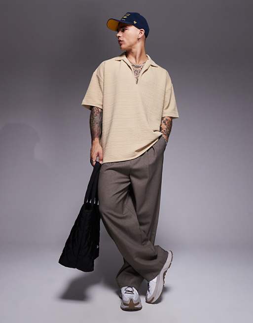 ASOS DESIGN Oversized Polo With Revere Collar In Stone Texture