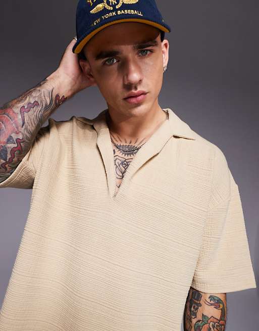 ASOS DESIGN Oversized Polo With Revere Collar In Stone Texture