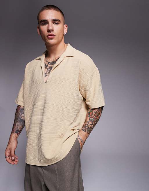 ASOS DESIGN oversized polo with revere collar in stone texture