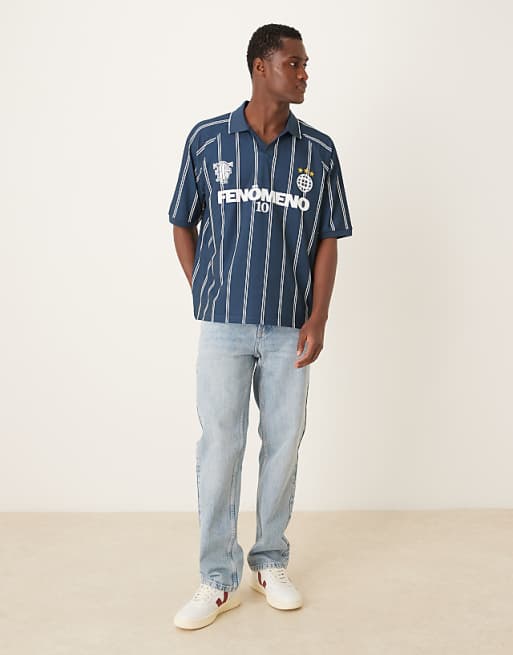 ASOS DESIGN Oversized Polo With Sports Graphic In Navy Striped Sports Fabric